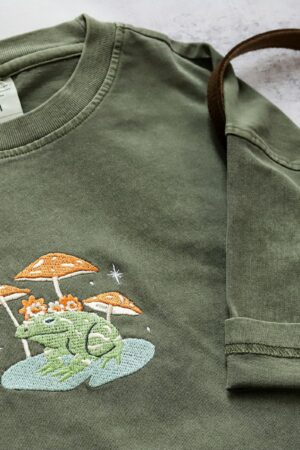 Embroidered Nature's Embrace Personalized Frog and Mushroom T-shirt for Nature Enthusiasts