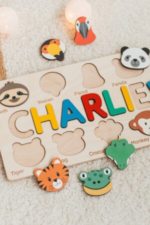 Woodland Animal Name Puzzle Educational Montessori Toy for Toddlers and Baby Shower Gift