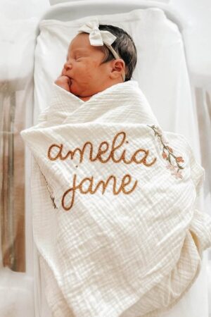 Personalized Baby Swaddle Blanket Embroidered with Name and Floral Spray, Soft Cotton Muslin