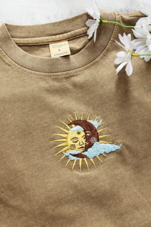 Celestial Tapestry Embroidered Sun and Moon T-shirt for Bohemian Souls