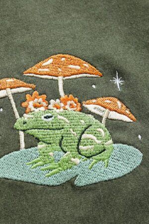 Embroidered Nature's Embrace Personalized Frog and Mushroom T-shirt for Nature Enthusiasts