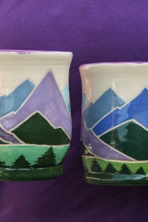 Handcrafted Spring Ceramic Mug 14 oz Teacup with Serene Mountain and Forest Illustration, Eco-Friendly Violet Purple Pottery Gift