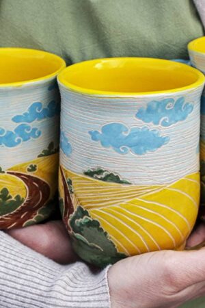 Ukrainian Landscape Pottery Mugs Handcrafted Art from Ukraine