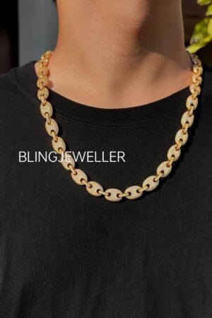 925 Sterling Silver Gucci-Link Chain with VVS1 Moissanite Diamonds, 14K Gold Plated, 12MM - 16-26 Inches