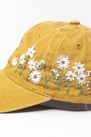 Hand-Embroidered Daisy Baseball Cap Mustard Yellow Floral Essence for Unforgettable Style