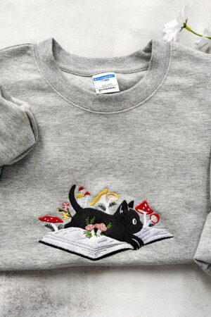 Cozy and Enchanting Embroidered Black Cat and Mushroom Sweatshirt for Cat Lovers