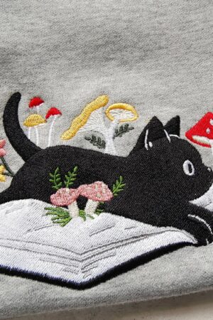 Cozy and Enchanting Embroidered Black Cat and Mushroom Sweatshirt for Cat Lovers