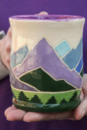 Handcrafted Spring Ceramic Mug 14 oz Teacup with Serene Mountain and Forest Illustration, Eco-Friendly Violet Purple Pottery Gift