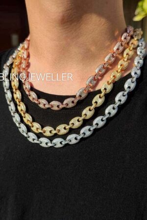 925 Sterling Silver Gucci-Link Chain with VVS1 Moissanite Diamonds, 14K Gold Plated, 12MM - 16-26 Inches