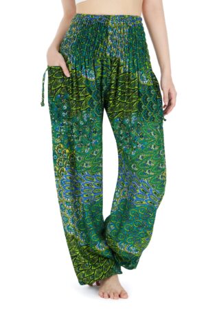 Enchanting Green Peacock Boho Pants Flowy, Comfy, and Ethically Made