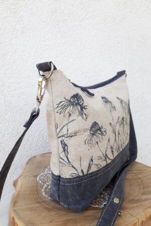 Floral Linen Crossbody Bag A Field of Blooms in Gray and White