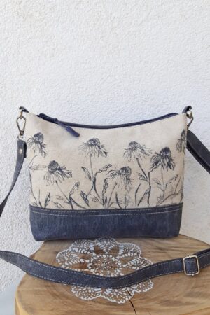 Floral Linen Crossbody Bag A Field of Blooms in Gray and White