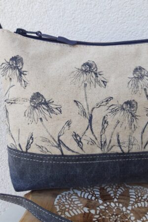 Floral Linen Crossbody Bag A Field of Blooms in Gray and White