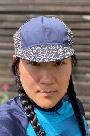 Tortoise and Hare Cycling Cap Handmade Japanese Cotton Messenger Cap with Navy Karakusa Pattern