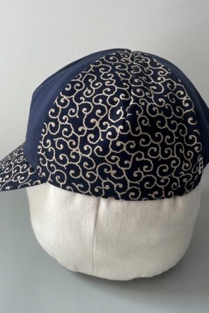 Tortoise and Hare Cycling Cap Handmade Japanese Cotton Messenger Cap with Navy Karakusa Pattern