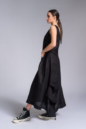 Elegant Linen A-Line Dress with Flowing Back Drape A92277