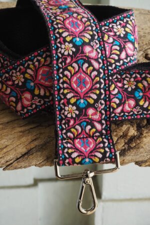 Groovy Floral Woven Crossbody Guitar Strap Purse - Pink and Black