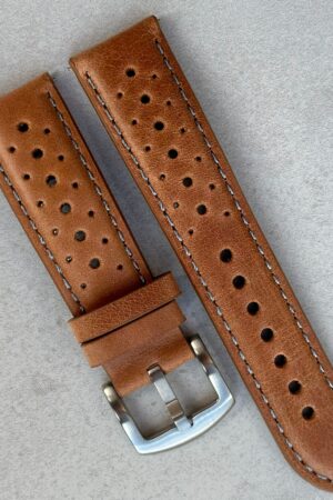 Vintage Tan Perforated Full Grain Leather Rally Watch Strap Elevate Your Timepiece with Timeless Style