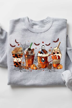 Spooky Sips Skeleton Coffee Cups Sweatshirt for the Bone-Chilling Coffee Lover