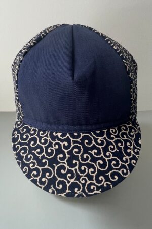 Tortoise and Hare Cycling Cap Handmade Japanese Cotton Messenger Cap with Navy Karakusa Pattern