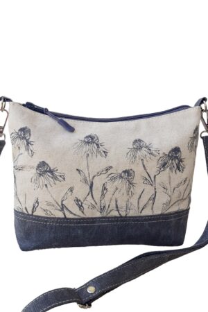 Floral Linen Crossbody Bag A Field of Blooms in Gray and White