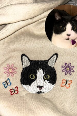 Personalized Cat Sweatshirt Embroidered Cat Face with Name, Custom Photo Hoodie for Cat Lovers