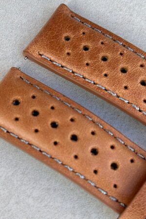 Vintage Tan Perforated Full Grain Leather Rally Watch Strap Elevate Your Timepiece with Timeless Style