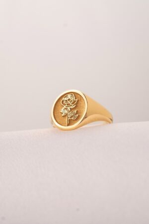 Personalized Floral Signet Ring Birth Flower and Sunflower, Delicate Pinky Ring for Women