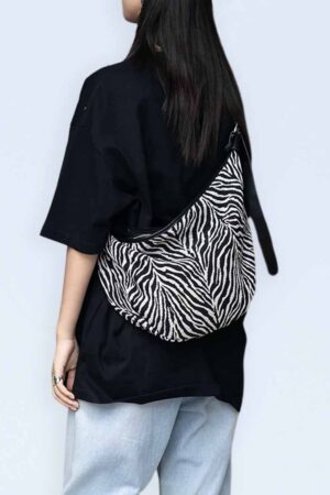 Oversized Moon Bag Canvas Croissant Crossbody, Nylon Sling, Zebra Shoulder Bag