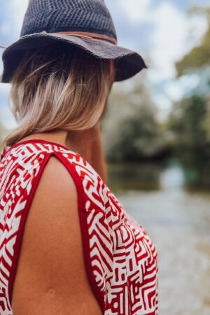 Vibrant Red and White Block Print Tunic Dress with Functional Pockets