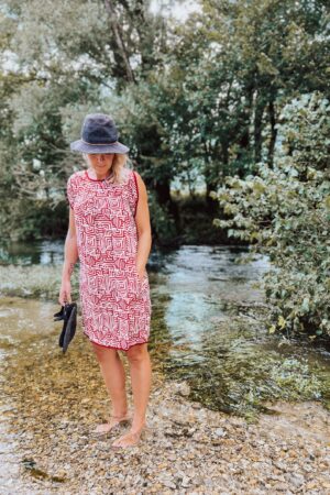 Vibrant Red and White Block Print Tunic Dress with Functional Pockets