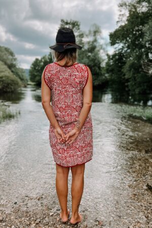 Vibrant Red and White Block Print Tunic Dress with Functional Pockets