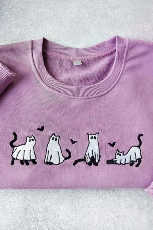 Embroidered Ghost Cats Sweatshirt Spooky Season's Purrfect Hoodie for Cat Lovers