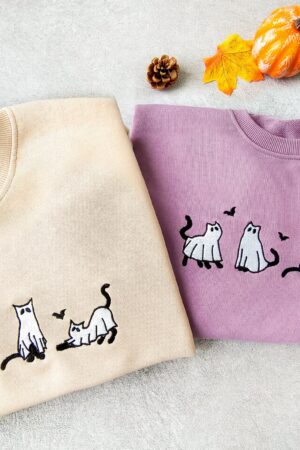 Embroidered Ghost Cats Sweatshirt Spooky Season's Purrfect Hoodie for Cat Lovers