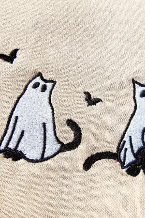 Embroidered Ghost Cats Sweatshirt Spooky Season's Purrfect Hoodie for Cat Lovers