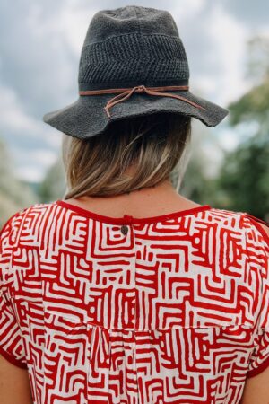 Vibrant Red and White Block Print Tunic Dress with Functional Pockets