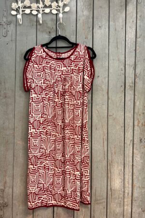 Vibrant Red and White Block Print Tunic Dress with Functional Pockets