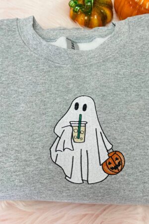 Cozy Up with Our Spooktacular Ghost with Coffee Sweatshirt The Perfect Halloween Treat