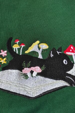 Cozy and Enchanting Embroidered Black Cat and Mushroom Sweatshirt for Cat Lovers