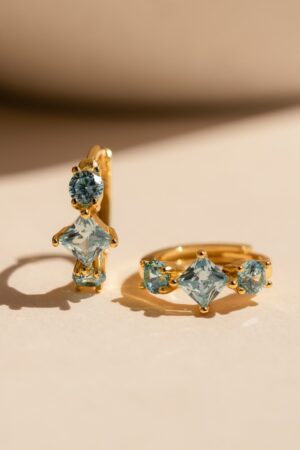 Aquamarine Huggie Hoops Shimmering Blue Diamonds in Golden Embrace