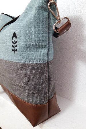 Turquoise Gray Crossbody Bag Handcrafted Vegan Canvas Purse with Brown Leather Accents