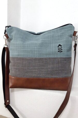 Turquoise Gray Crossbody Bag Handcrafted Vegan Canvas Purse with Brown Leather Accents