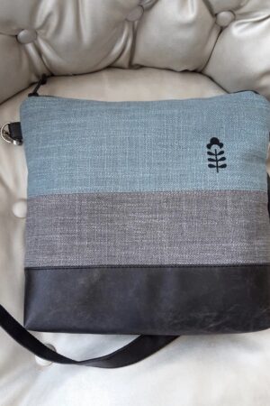 Turquoise Gray Crossbody Bag Handcrafted Vegan Canvas Purse with Brown Leather Accents