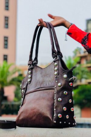 Studded Leather Handbag Personalized Tote with Rivets, a Unique Gift for Her