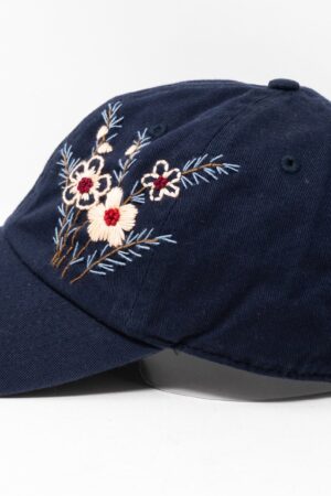 Navy Blue Baseball Cap with Embroidered Floral Brim - Stylish Accessory for Women