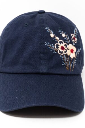 Navy Blue Baseball Cap with Embroidered Floral Brim - Stylish Accessory for Women