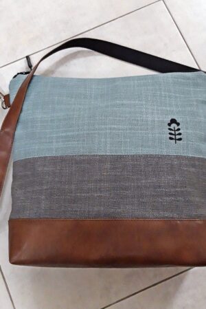 Turquoise Gray Crossbody Bag Handcrafted Vegan Canvas Purse with Brown Leather Accents