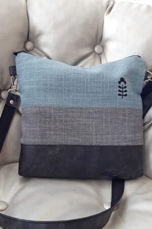 Turquoise Gray Crossbody Bag Handcrafted Vegan Canvas Purse with Brown Leather Accents