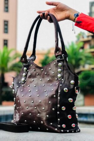 Studded Leather Handbag Personalized Tote with Rivets, a Unique Gift for Her