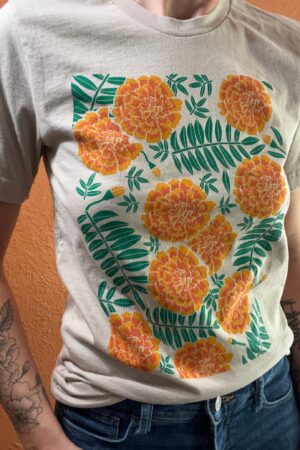 Marigold Meadow Handcrafted Floral T-Shirt with Vibrant Screen Print